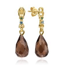 Antique Design Gemstones & Smoky Topaz Drop Gold Earrings Inspired by Doriath