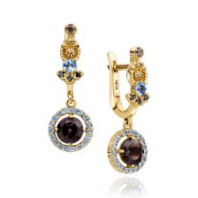Antique Design Smoky Topaz & Diamonds Drop Gold Earrings 