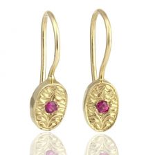 Hand Engraved Oval Ruby Yellow Gold Drop Earrings 