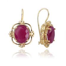 Gold Ruby Art Nouveau Drop Earrings 