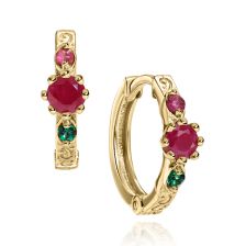 Gold Hoop Earrings with Ruby and Emerald