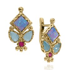 "Tiferet" Opal, Blue Ocean and Ruby Statement Earrings