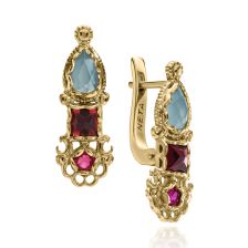 Blue Ocean, Garnet and Ruby Drop Earrings