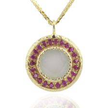 Yellow Gold Aquamarine & Ruby Halo Pendant