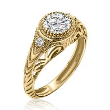 "Koren" Gold Ring with Round Diamond and Decorative Gold Details