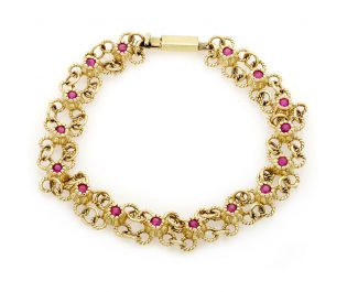 14k Gold Flower Filigree Linked Ruby Bracelet