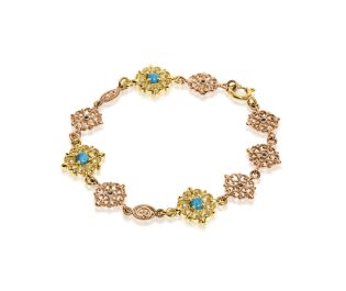 "Malchut" Floral Turquoise and Black Diamond Gold Bracelet