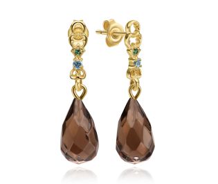 Antique Design Gemstones & Smoky Topaz Drop Gold Earrings Inspired by Doriath