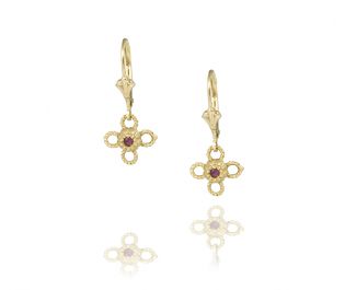 Delicate Flower Gold Earring Set with Embedded Rubies