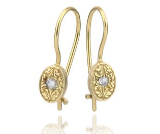 Gold Engraved Oval  Earrings with Diamond