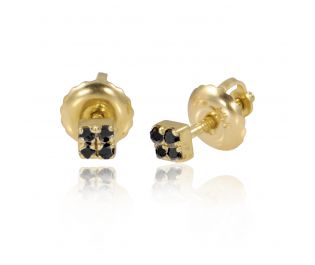 Petite Black Diamond Square Yellow Gold Stud Earrings