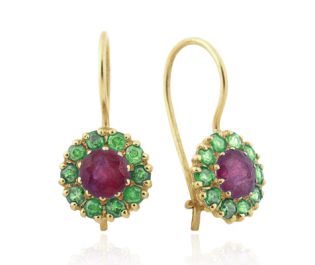 Ruby & Emerald Halo Drop Earrings 14k Gold