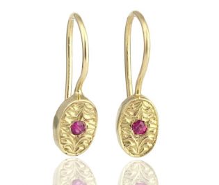 Hand Engraved Oval Ruby Yellow Gold Drop Earrings 
