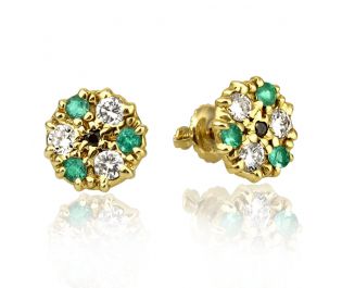 Victorian Style Emerald and Diamond Stud Earrings In Yellow Gold