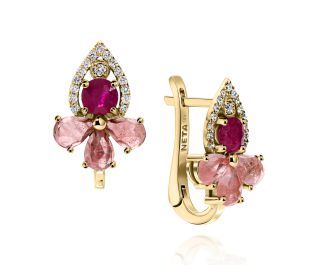 "Maria" Elegant Gold Drop Earrings with Ruby and Cherry Quartz