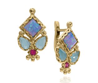 "Tiferet" Opal, Blue Ocean and Ruby Statement Earrings