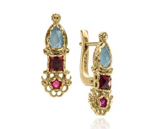 Blue Ocean, Garnet and Ruby Drop Earrings