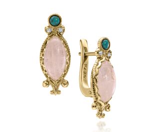 "Hod" Gold Drop Earrings with Moonstone and Turquoise