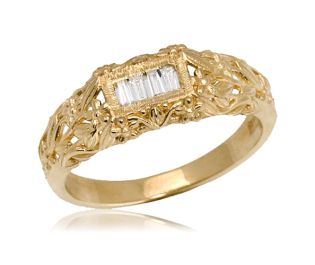 Baguette Diamond Art Nouveau Floral Gold Band