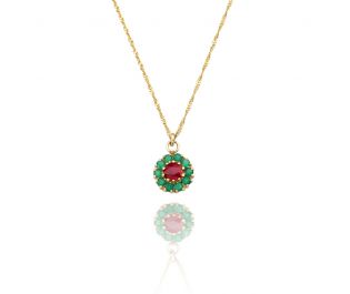 Ruby & Emerald Halo Gold Pendant Necklace