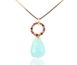 Aquamarine Ruby and Diamonds Gold Necklace 