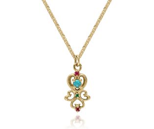 "Eden" Gold Pendant Necklace with Turquoise, Ruby and Emerald Accents