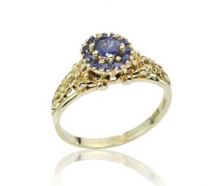 Sapphire Halo Gold Flower Ring 