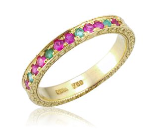 Lovely Ruby & Emerald Pave Eternity Ring Yellow Gold