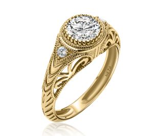 "Koren" Gold Ring with Round Diamond and Decorative Gold Details
