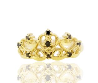 Gold Princess Crown Ring with Black Diamonds 