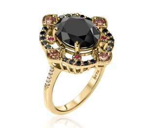 "Echo" Gold Ring with Black Onyx and Multicolor Diamond Halo