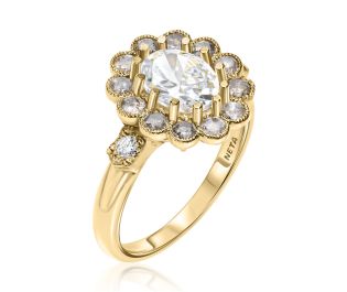 "Crown" Gold Ring with Oval Moissanite and Raw Diamond Halo