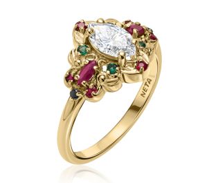 Gold Ring with Marquise Diamond and Ruby Accents